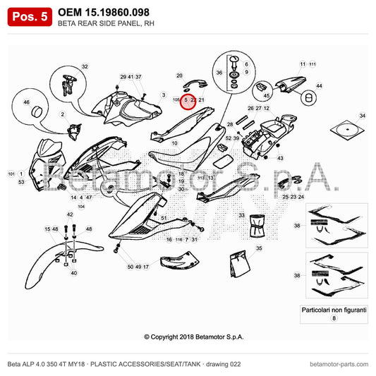 BETA REAR SIDE PANEL, RH – OEM 15.19860.098, position 5 on the Beta ALP 4.0 350 4T MY18 plastic accessories/seat/tank drawing