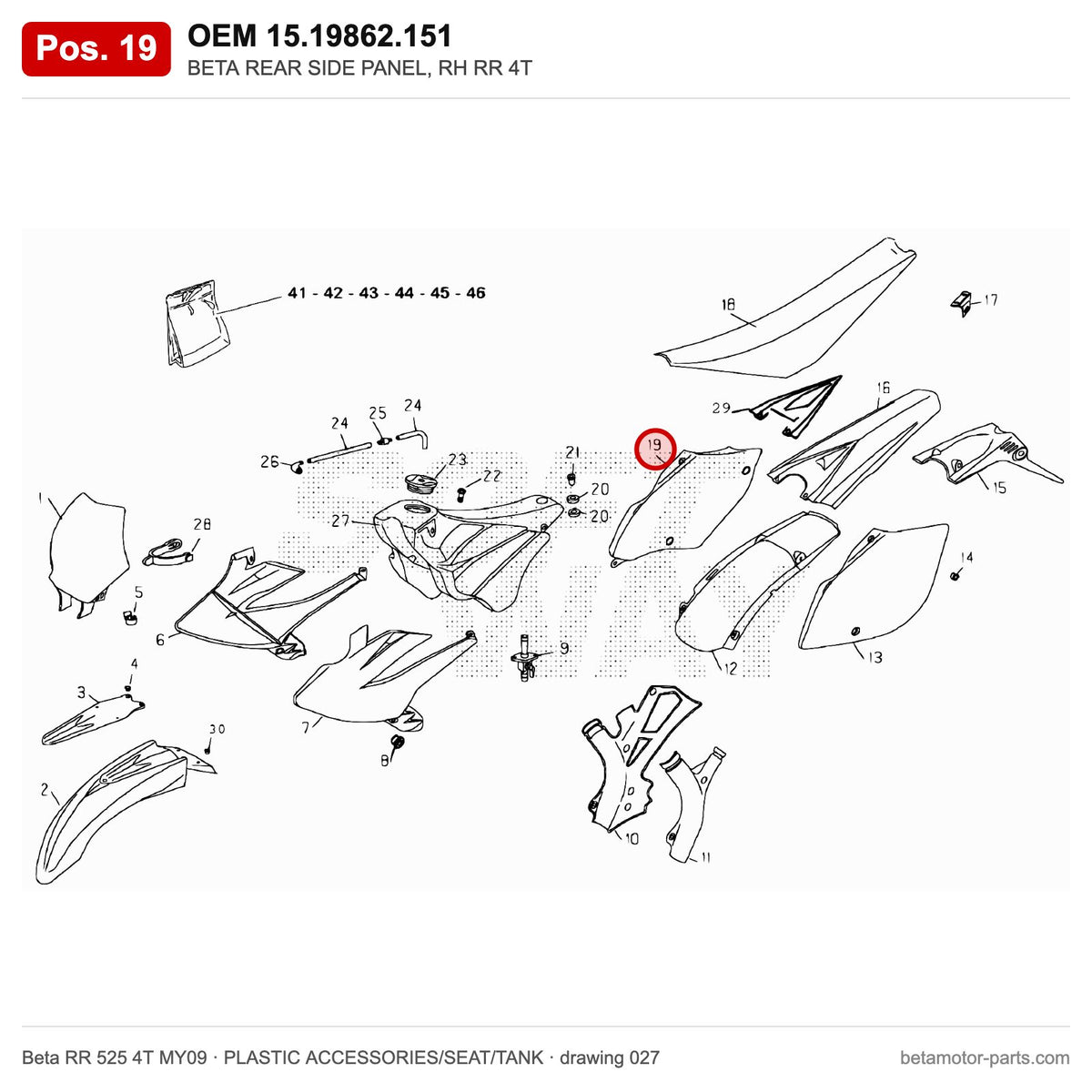 BETA REAR SIDE PANEL, RH RR 4T – OEM 15.19862.151, position 19 on the Beta RR 525 4T MY09 plastic accessories/seat/tank drawing