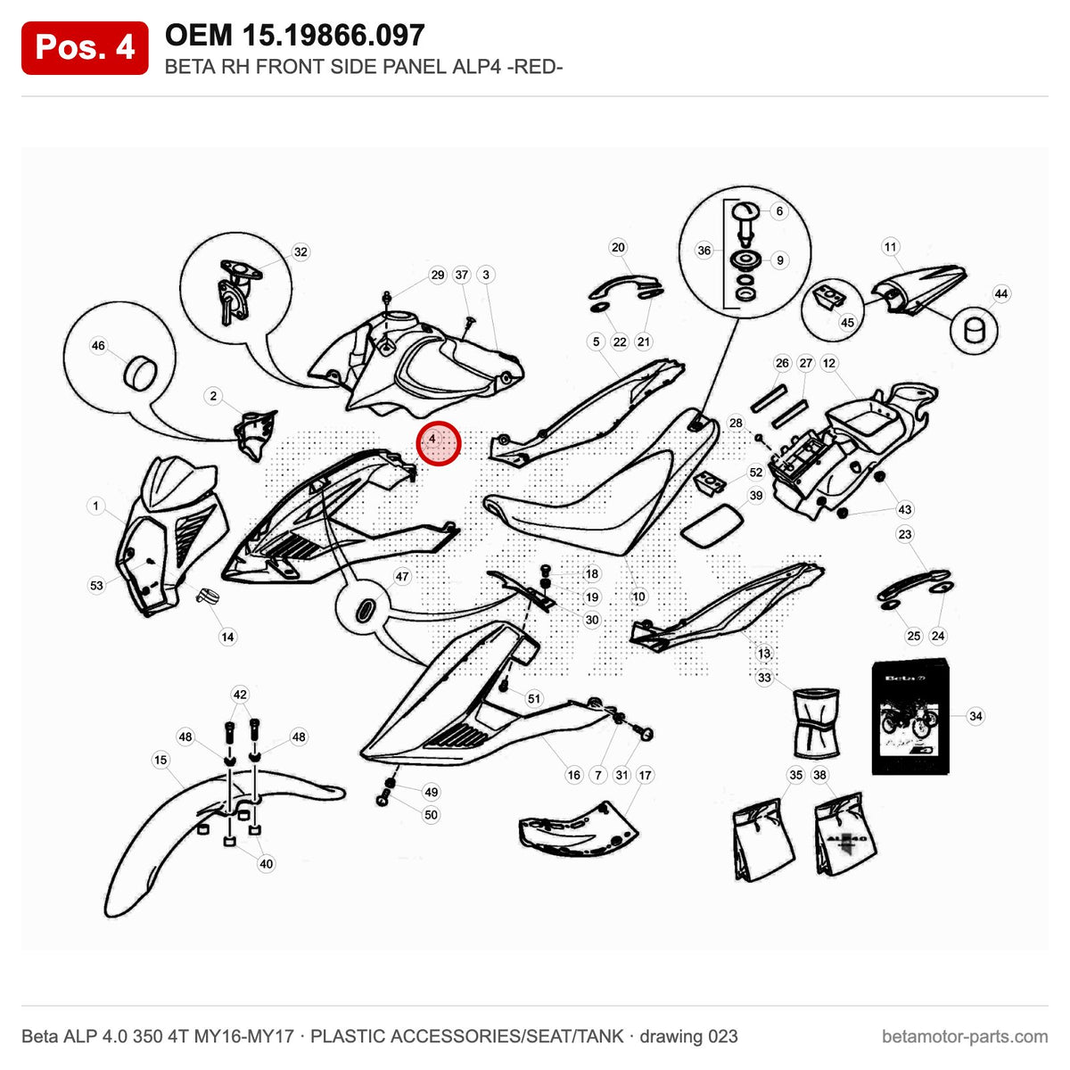 BETA RH FRONT SIDE PANEL ALP4 -RED- – OEM 15.19866.097, position 4 on the Beta ALP 4.0 350 4T MY16-MY17 plastic accessories/seat/tank drawing