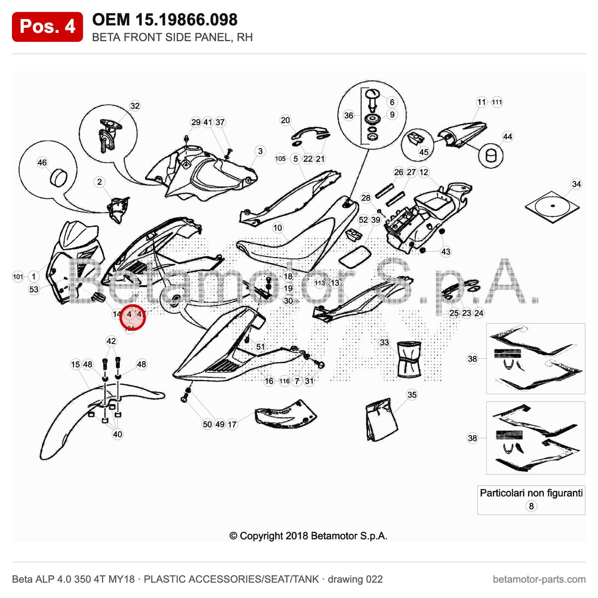 BETA FRONT SIDE PANEL, RH – OEM 15.19866.098, position 4 on the Beta ALP 4.0 350 4T MY18 plastic accessories/seat/tank drawing