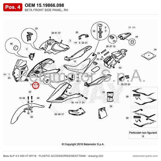 BETA FRONT SIDE PANEL, RH – OEM 15.19866.098, position 4 on the Beta ALP 4.0 350 4T MY18 plastic accessories/seat/tank drawing