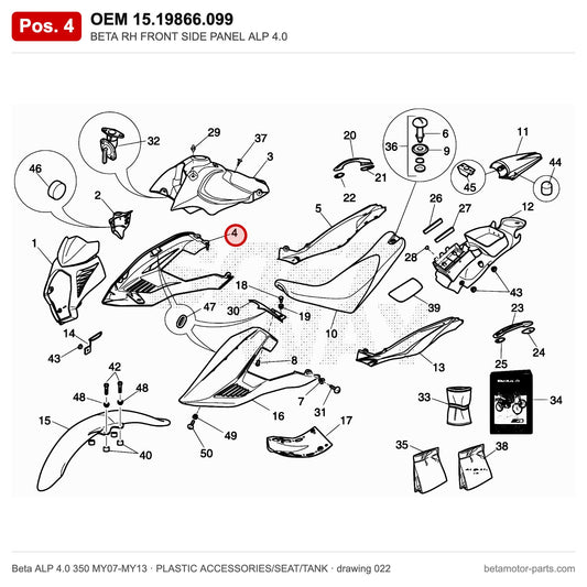 BETA RH FRONT SIDE PANEL ALP 4.0 – OEM 15.19866.099, position 4 on the Beta ALP 4.0 350 MY07-MY13 plastic accessories/seat/tank drawing
