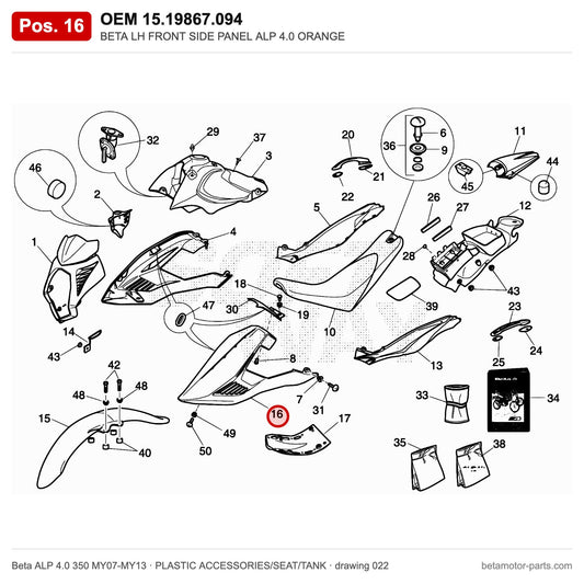 BETA LH FRONT SIDE PANEL ALP 4.0 ORANGE – OEM 15.19867.094, position 16 on the Beta ALP 4.0 350 MY07-MY13 plastic accessories/seat/tank drawing