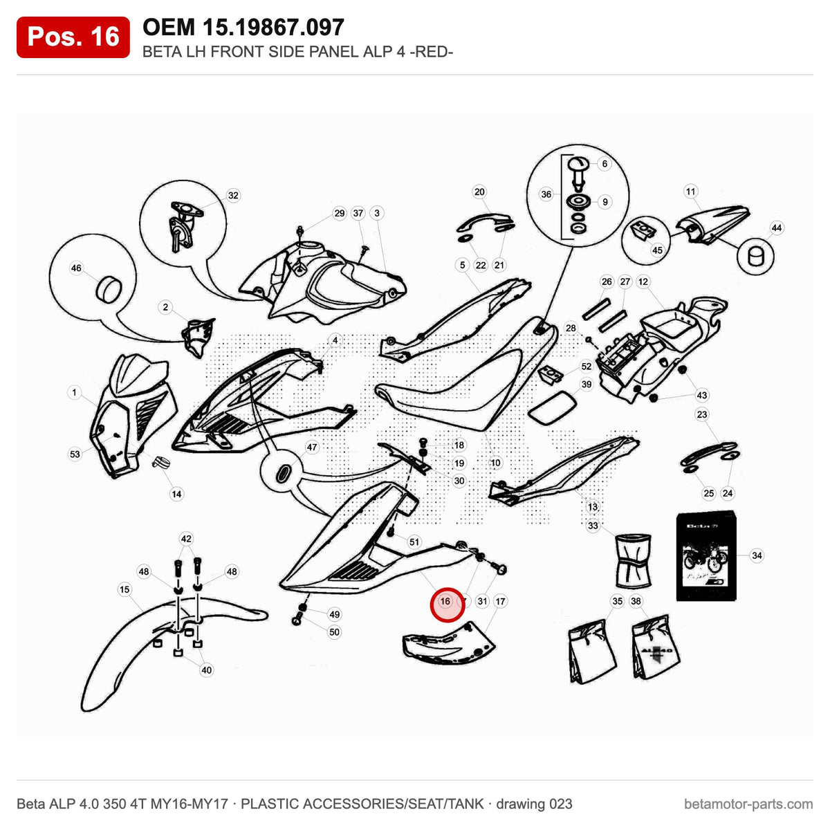BETA LH FRONT SIDE PANEL ALP 4 -RED- – OEM 15.19867.097, position 16 on the Beta ALP 4.0 350 4T MY16-MY17 plastic accessories/seat/tank drawing