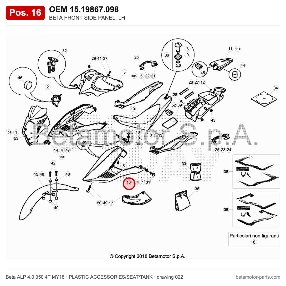 BETA FRONT SIDE PANEL, LH – OEM 15.19867.098, position 16 on the Beta ALP 4.0 350 4T MY18 plastic accessories/seat/tank drawing
