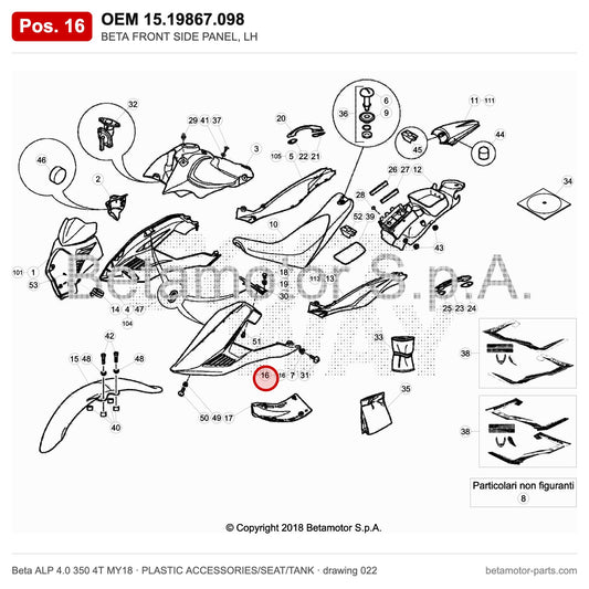 BETA FRONT SIDE PANEL, LH – OEM 15.19867.098, position 16 on the Beta ALP 4.0 350 4T MY18 plastic accessories/seat/tank drawing