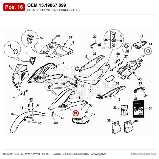 BETA LH FRONT SIDE PANEL ALP 4.0 – OEM 15.19867.099, position 16 on the Beta ALP 4.0 350 MY07-MY13 plastic accessories/seat/tank drawing