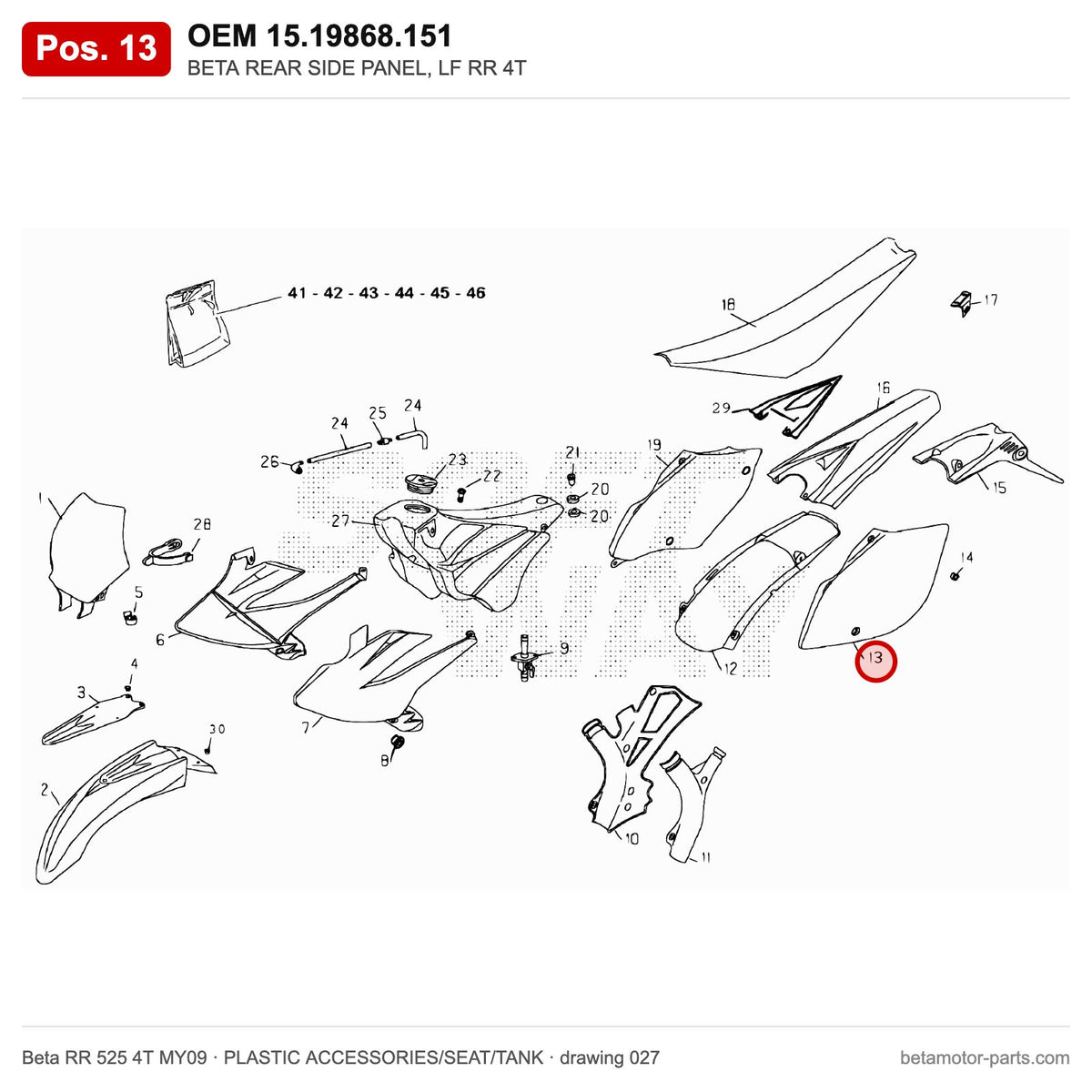 BETA REAR SIDE PANEL, LF RR 4T – OEM 15.19868.151, position 13 on the Beta RR 525 4T MY09 plastic accessories/seat/tank drawing