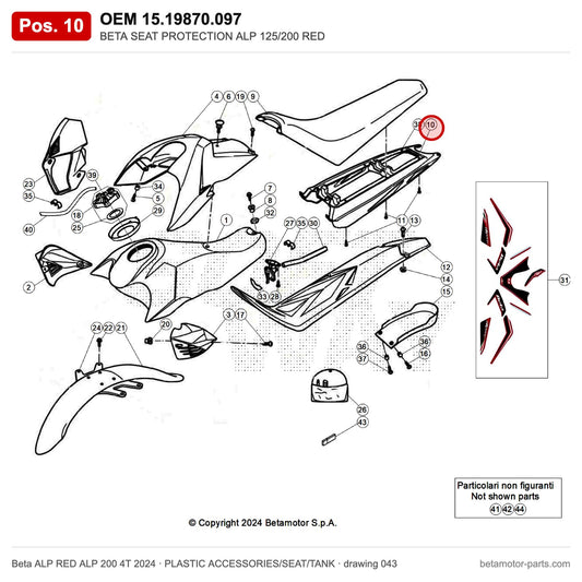 BETA SEAT PROTECTION ALP 125/200 RED – OEM 15.19870.097, position 10 on the Beta ALP RED ALP 200 4T 2024 plastic accessories/seat/tank drawing