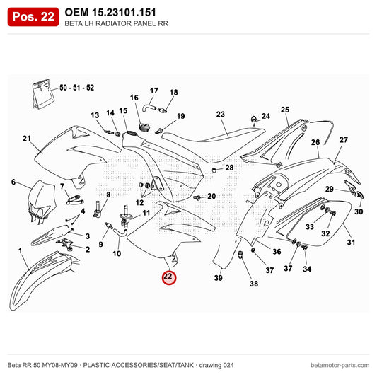 BETA LH RADIATOR PANEL RR – OEM 15.23101.151, position 22 on the Beta RR 50 MY08-MY09 plastic accessories/seat/tank drawing