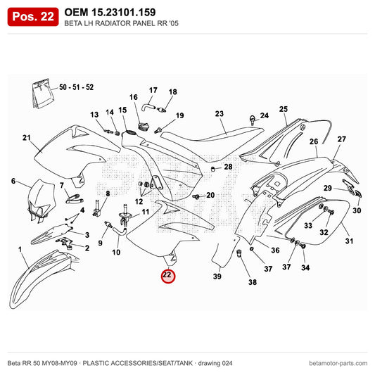 BETA LH RADIATOR PANEL RR '05 – OEM 15.23101.159, position 22 on the Beta RR 50 MY08-MY09 plastic accessories/seat/tank drawing