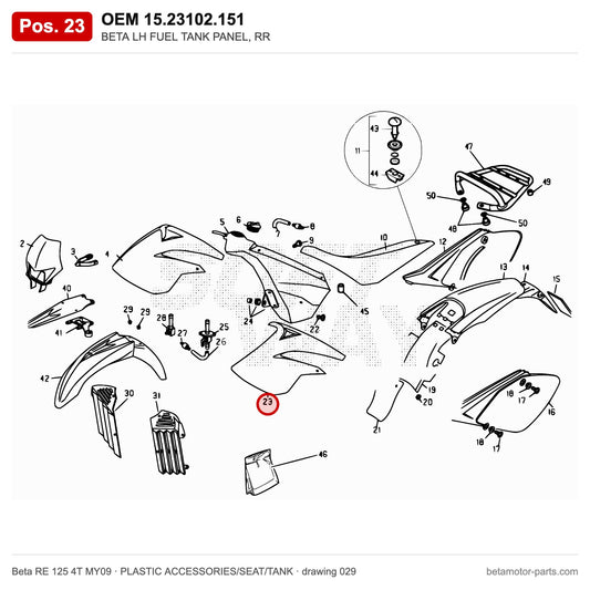 BETA LH FUEL TANK PANEL, RR – OEM 15.23102.151, position 23 on the Beta RE 125 4T MY09 plastic accessories/seat/tank drawing