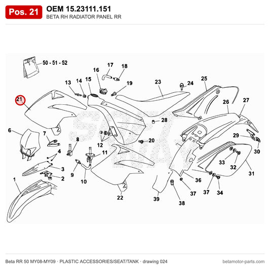 BETA RH RADIATOR PANEL RR – OEM 15.23111.151, position 21 on the Beta RR 50 MY08-MY09 plastic accessories/seat/tank drawing