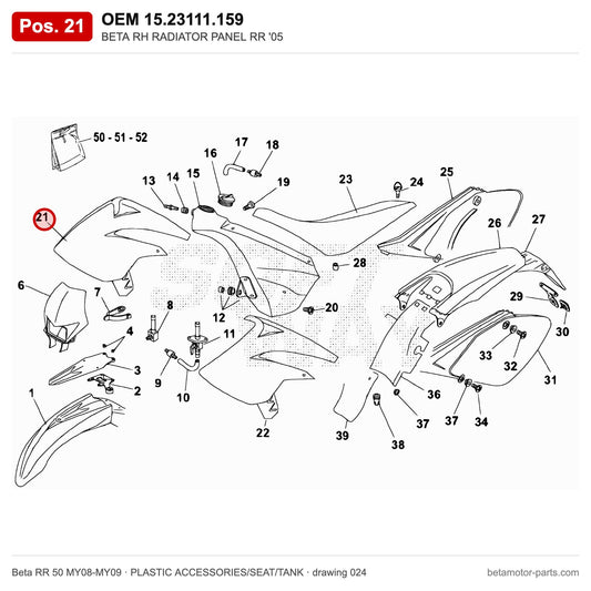 BETA RH RADIATOR PANEL RR '05 – OEM 15.23111.159, position 21 on the Beta RR 50 MY08-MY09 plastic accessories/seat/tank drawing