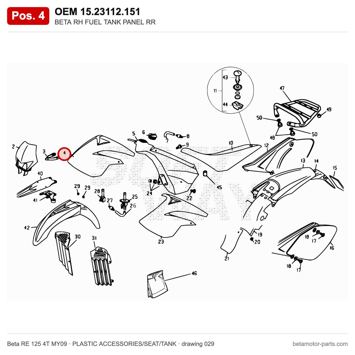 BETA RH FUEL TANK PANEL RR – OEM 15.23112.151, position 4 on the Beta RE 125 4T MY09 plastic accessories/seat/tank drawing