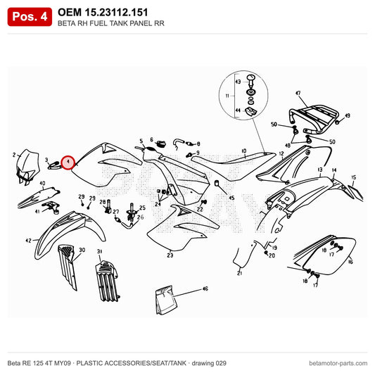 BETA RH FUEL TANK PANEL RR – OEM 15.23112.151, position 4 on the Beta RE 125 4T MY09 plastic accessories/seat/tank drawing