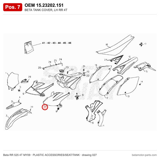 BETA TANK COVER, LH RR 4T – OEM 15.23202.151, position 7 on the Beta RR 525 4T MY09 plastic accessories/seat/tank drawing