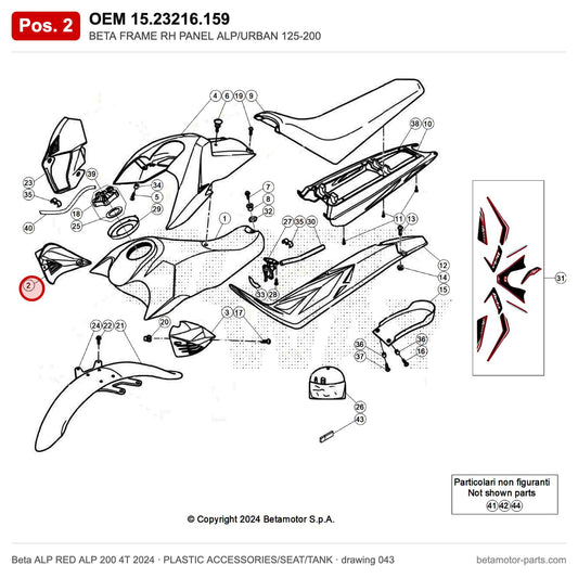 BETA FRAME RH PANEL ALP/URBAN 125-200 – OEM 15.23216.159, position 2 on the Beta ALP RED ALP 200 4T 2024 plastic accessories/seat/tank drawing