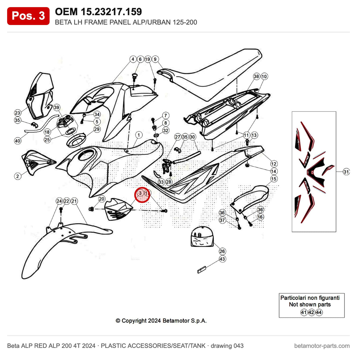 BETA LH FRAME PANEL ALP/URBAN 125-200 – OEM 15.23217.159, position 3 on the Beta ALP RED ALP 200 4T 2024 plastic accessories/seat/tank drawing