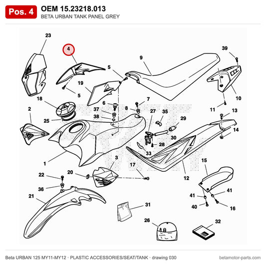 BETA URBAN TANK PANEL GREY – OEM 15.23218.013, position 4 on the Beta URBAN 125 MY11-MY12 plastic accessories/seat/tank drawing