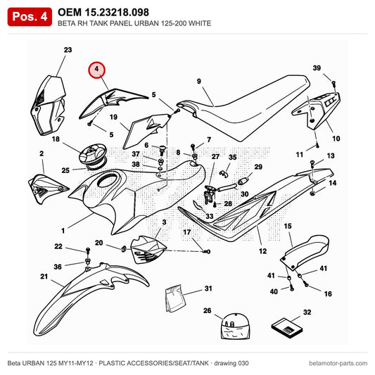 BETA RH TANK PANEL URBAN 125-200 WHITE – OEM 15.23218.098, position 4 on the Beta URBAN 125 MY11-MY12 plastic accessories/seat/tank drawing