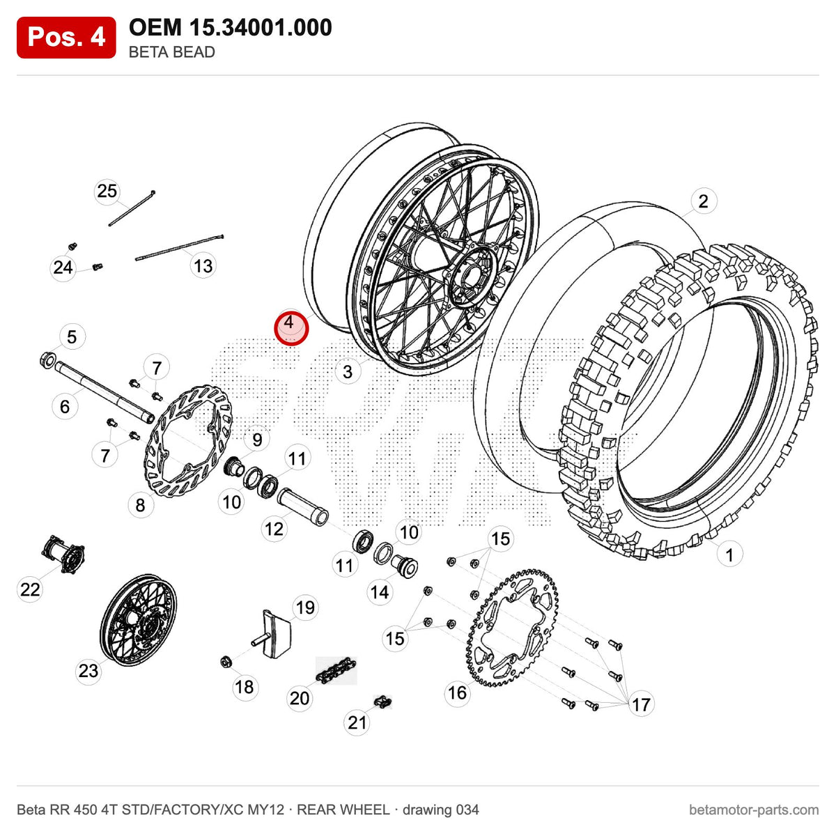BETA BEAD – OEM 15.34001.000, position 4 on the Beta RR 450 4T STD/FACTORY/XC MY12 rear wheel drawing