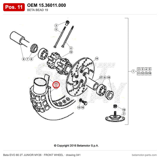 BETA BEAD 19 – OEM 15.36011.000, position 11 on the Beta EVO 80 2T JUNIOR MY26 front wheel drawing