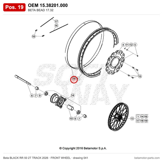 BETA BEAD 17.32 – OEM 15.38201.000, position 19 on the Beta BLACK RR 50 2T TRACK 2026 front wheel drawing