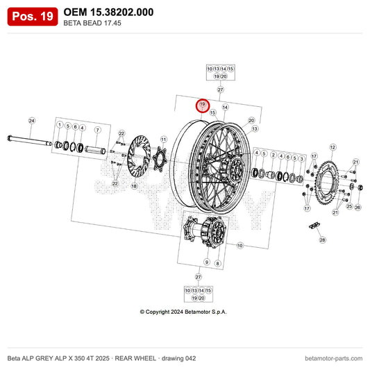 BETA BEAD 17.45 – OEM 15.38202.000, position 19 on the Beta ALP GREY ALP X 350 4T 2025 rear wheel drawing
