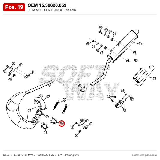 BETA MUFFLER FLANGE, RR AM6 – OEM 15.38620.059, position 19 on the Beta RR 50 SPORT MY15 exhaust system drawing