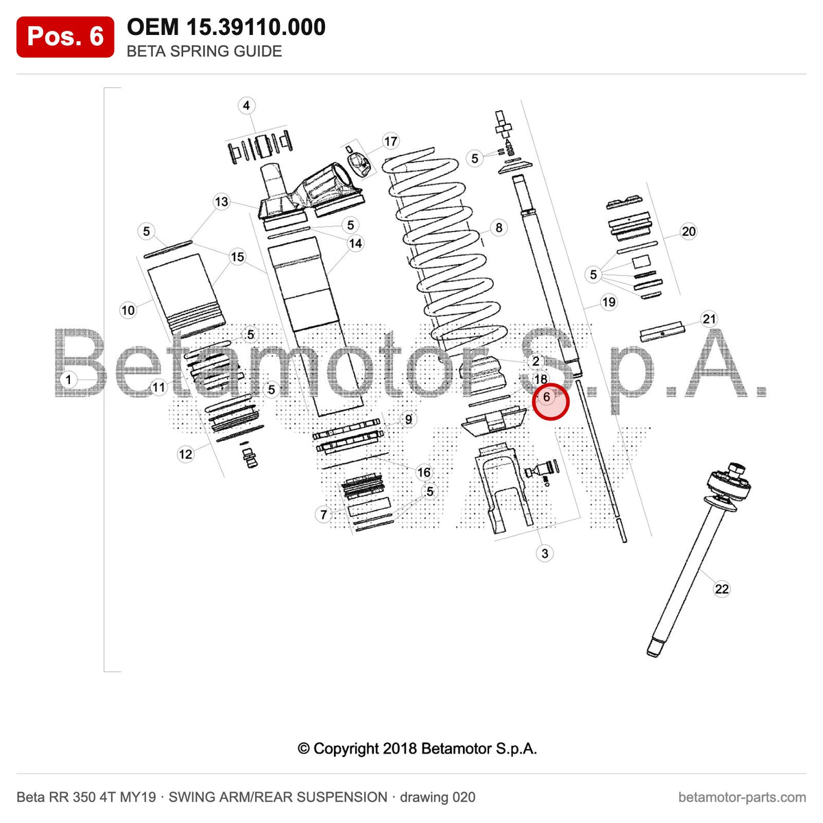 BETA SPRING GUIDE – OEM 15.39110.000, position 6 on the Beta RR 350 4T MY19 swing arm/rear suspension drawing