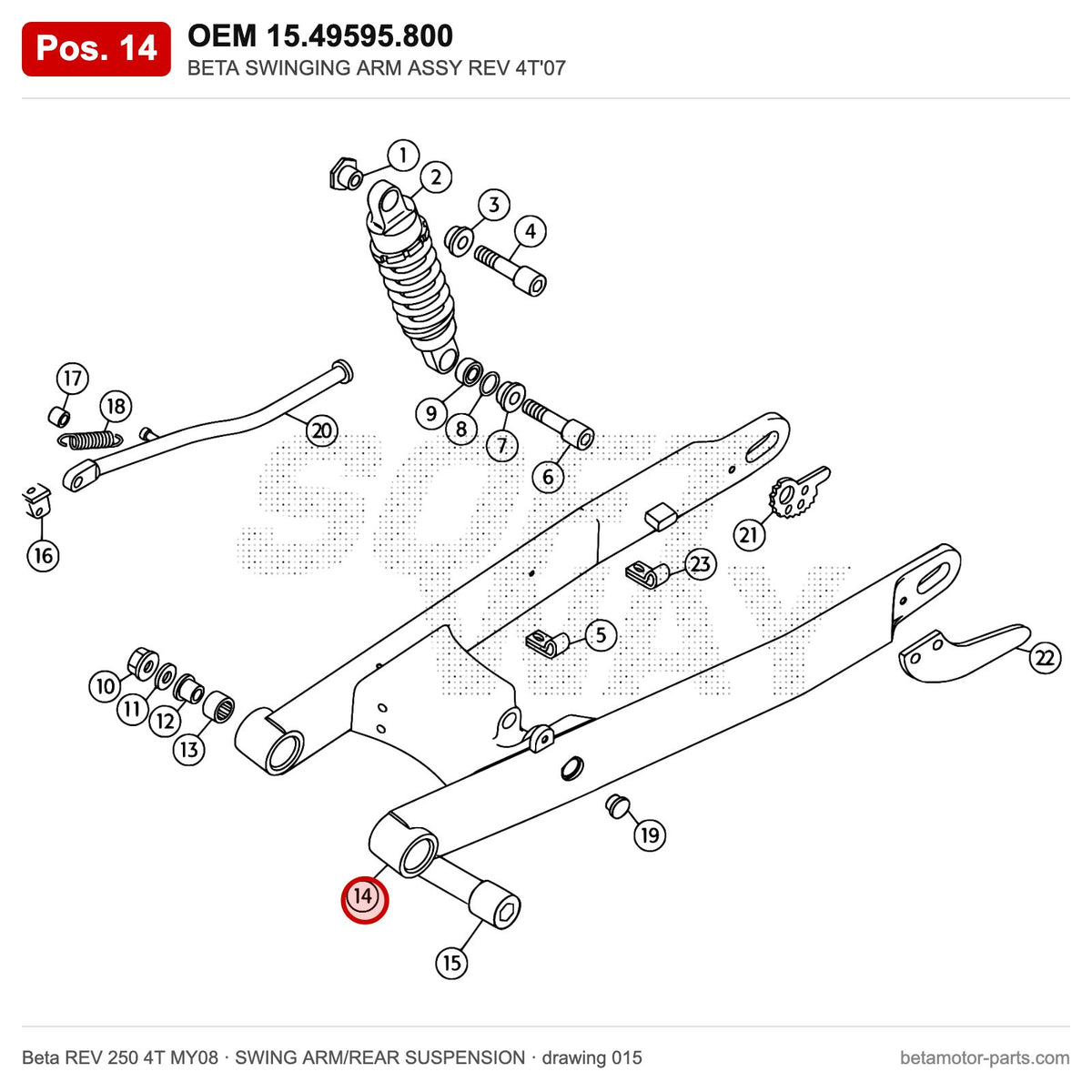 BETA SWINGING ARM ASSY REV 4T'07 – OEM 15.49595.800, position 14 on the Beta REV 250 4T MY08 swing arm/rear suspension drawing