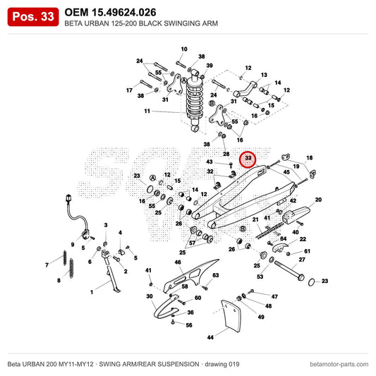 BETA URBAN 125-200 BLACK SWINGING ARM – OEM 15.49624.026, position 33 on the Beta URBAN 200 MY11-MY12 swing arm/rear suspension drawing