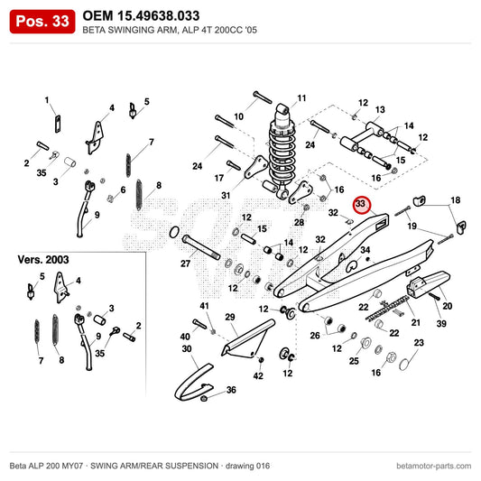 BETA SWINGING ARM, ALP 4T 200CC '05 – OEM 15.49638.033, position 33 on the Beta ALP 200 MY07 swing arm/rear suspension drawing