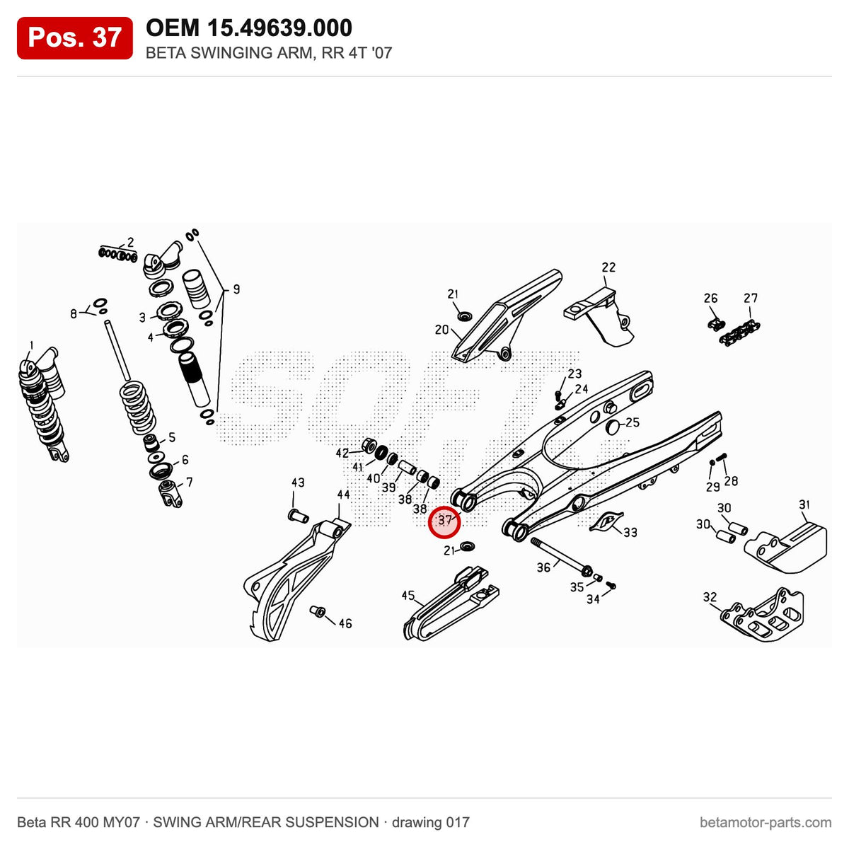 BETA SWINGING ARM, RR 4T '07 – OEM 15.49639.000, position 37 on the Beta RR 400 MY07 swing arm/rear suspension drawing