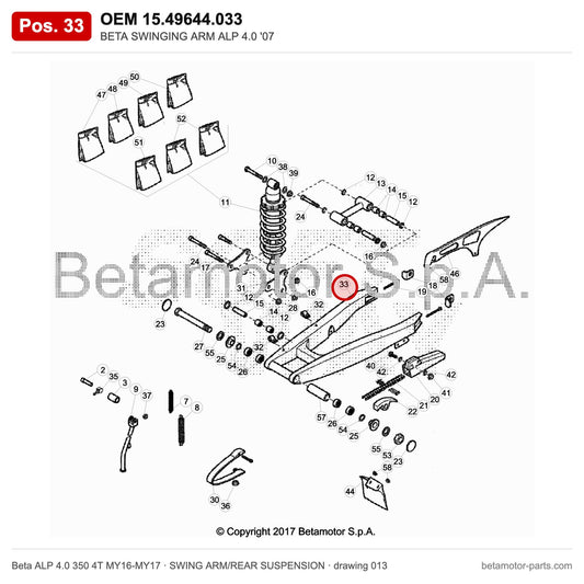BETA SWINGING ARM ALP 4.0 '07 – OEM 15.49644.033, position 33 on the Beta ALP 4.0 350 4T MY16-MY17 swing arm/rear suspension drawing
