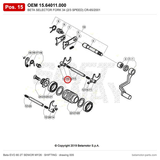 BETA SELECTOR FORK 34 (2/3 SPEED) CR-65/2001 – OEM 15.64011.000, position 15 on the Beta EVO 80 2T SENIOR MY26 shifting drawing