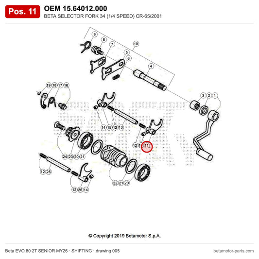 BETA SELECTOR FORK 34 (1/4 SPEED) CR-65/2001 – OEM 15.64012.000, position 11 on the Beta EVO 80 2T SENIOR MY26 shifting drawing