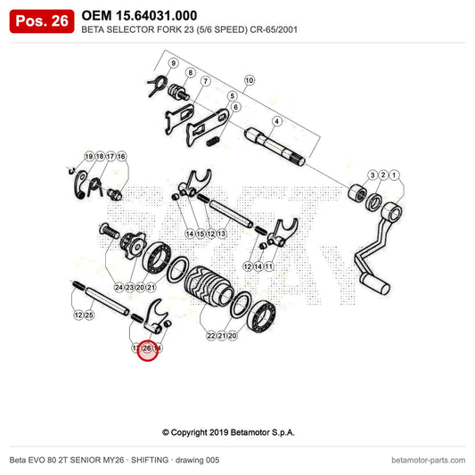 BETA SELECTOR FORK 23 (5/6 SPEED) CR-65/2001 – OEM 15.64031.000, position 26 on the Beta EVO 80 2T SENIOR MY26 shifting drawing