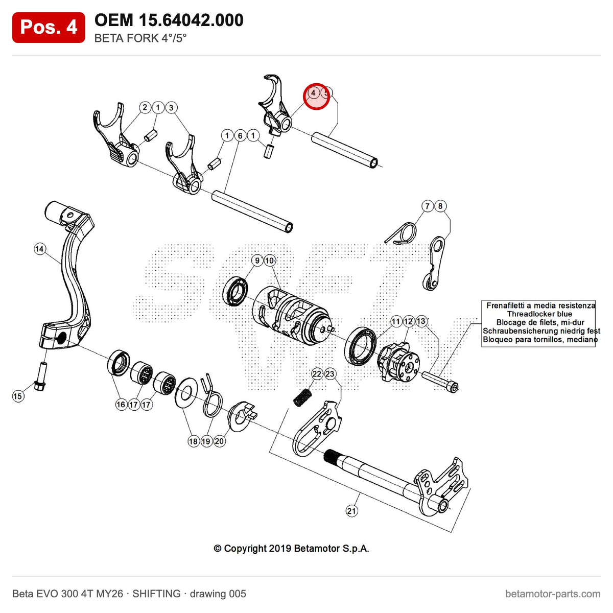 BETA FORK 4°/5° – OEM 15.64042.000, position 4 on the Beta EVO 300 4T MY26 shifting drawing