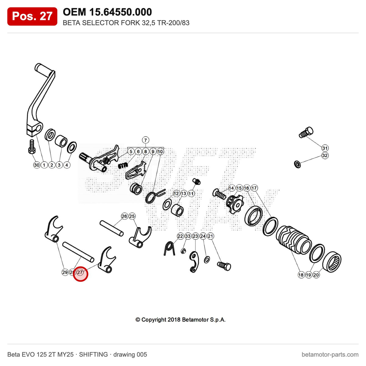 BETA SELECTOR FORK 32,5 TR-200/83 – OEM 15.64550.000, position 27 on the Beta EVO 125 2T MY25 shifting drawing