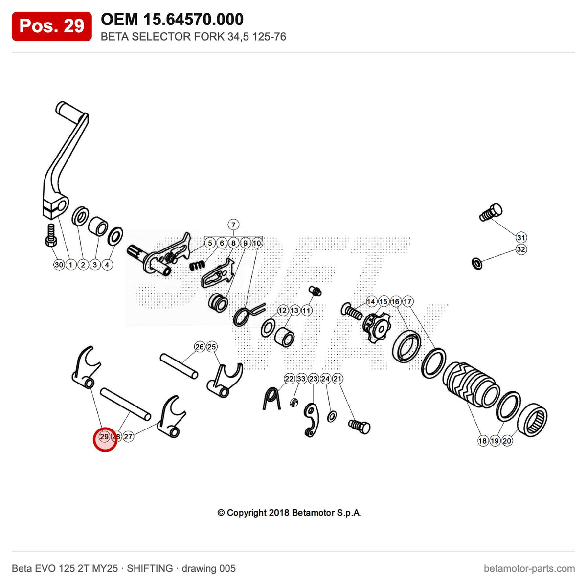 BETA SELECTOR FORK 34,5 125-76 – OEM 15.64570.000, position 29 on the Beta EVO 125 2T MY25 shifting drawing