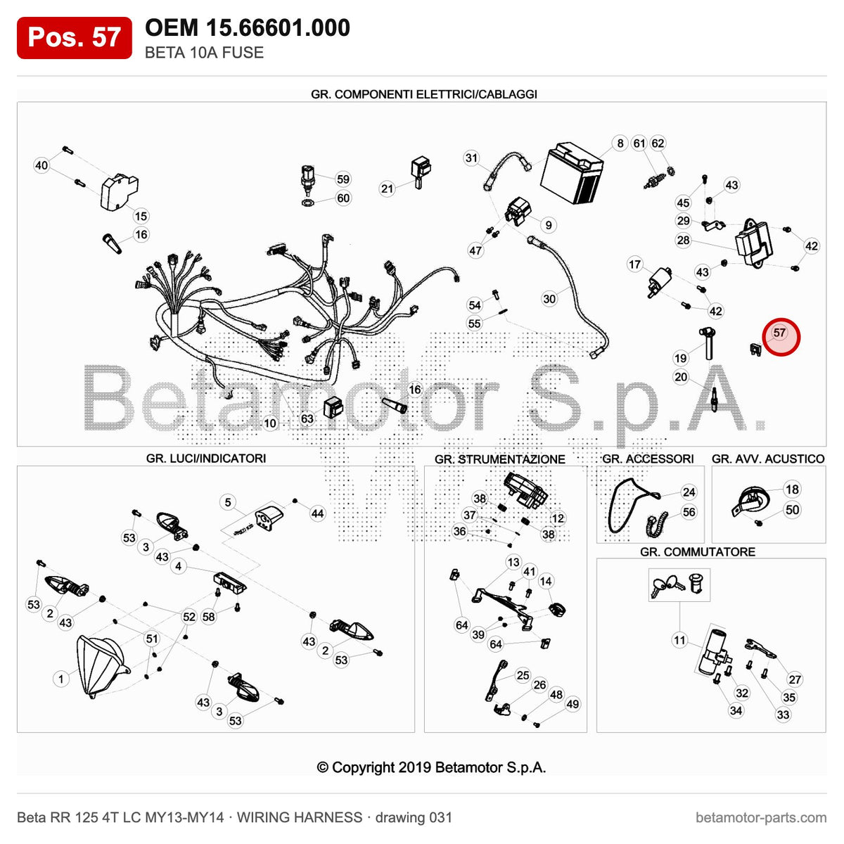 BETA 10A FUSE – OEM 15.66601.000, position 57 on the Beta RR 125 4T LC MY13-MY14 wiring harness drawing
