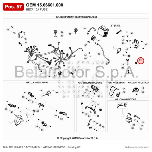 BETA 10A FUSE – OEM 15.66601.000, position 57 on the Beta RR 125 4T LC MY13-MY14 wiring harness drawing