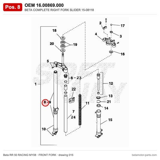 BETA COMPLETE RIGHT FORK SLIDER 15-08118 – OEM 16.00869.000, position 8 on the Beta RR 50 RACING MY08 front fork drawing
