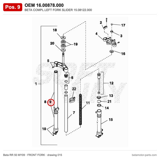 BETA COMPL.LEFT FORK SLIDER 15.08122.000 – OEM 16.00878.000, position 9 on the Beta RR 50 MY09 front fork drawing