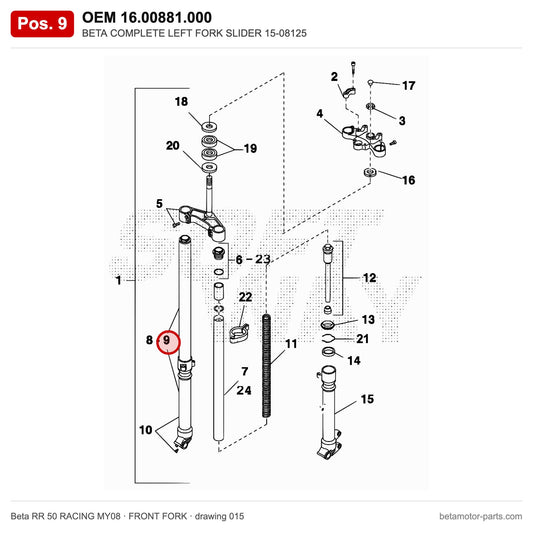 BETA COMPLETE LEFT FORK SLIDER 15-08125 – OEM 16.00881.000, position 9 on the Beta RR 50 RACING MY08 front fork drawing