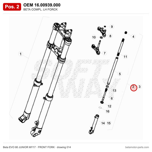 BETA COMPL. LH FORCK – OEM 16.00939.000, position 2 on the Beta EVO 80 JUNIOR MY17 front fork drawing