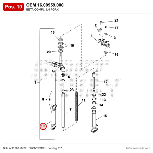 BETA COMPL. LH FORK – OEM 16.00959.000, position 10 on the Beta ALP 200 MY07 front fork drawing