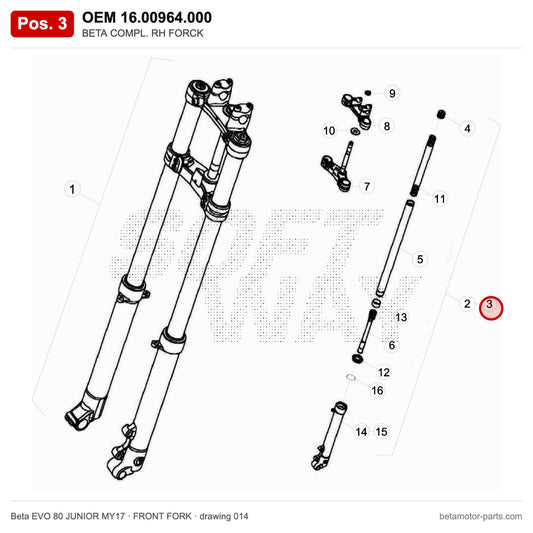BETA COMPL. RH FORCK – OEM 16.00964.000, position 3 on the Beta EVO 80 JUNIOR MY17 front fork drawing